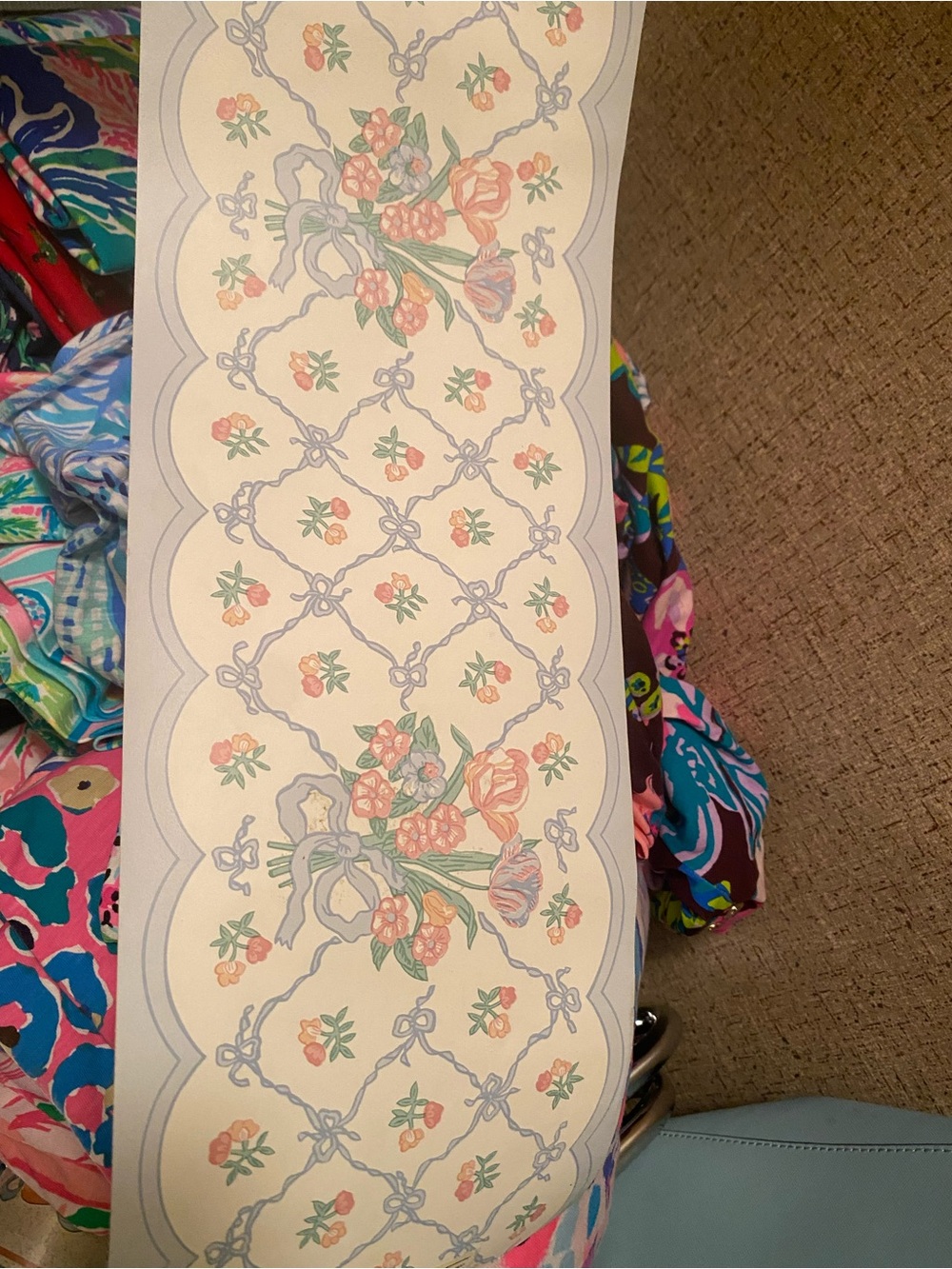 Floral Ribbon Trellis Wallpaper Border in Cream, Peach & Sage